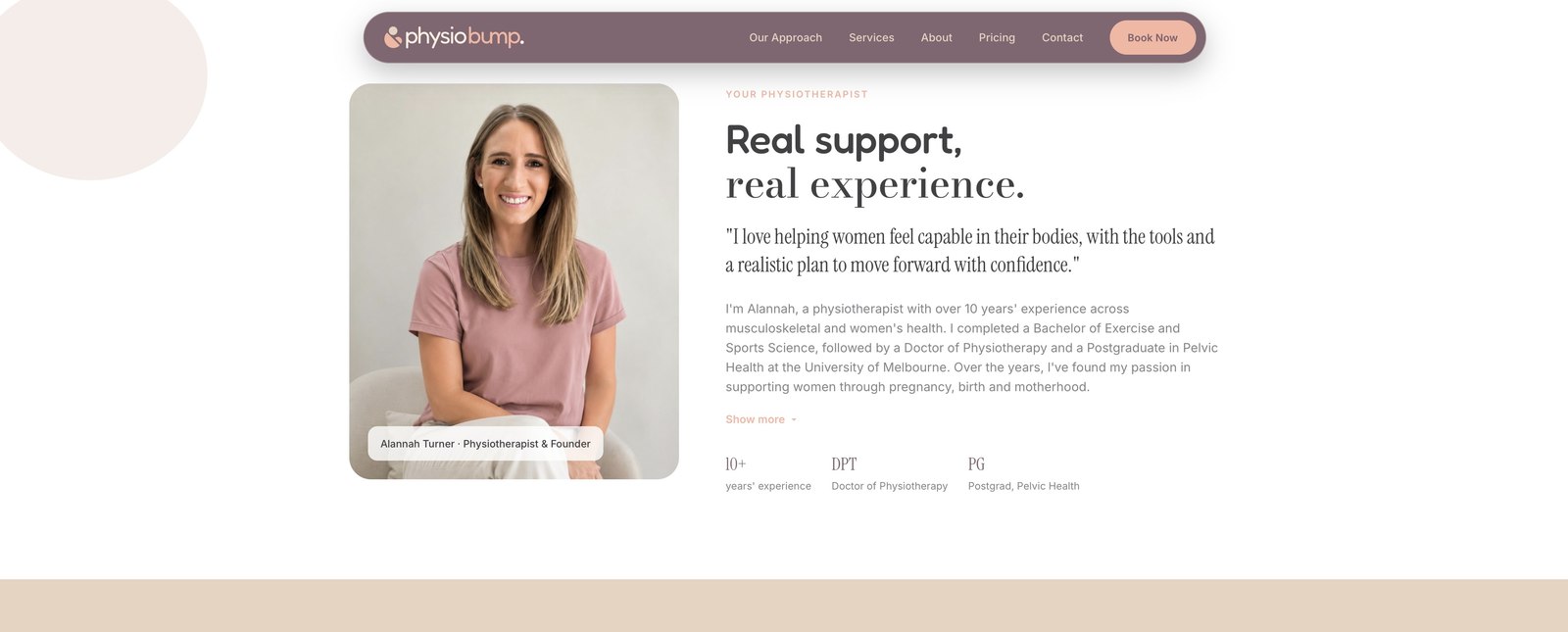 Physio Bump website section showing the physiotherapist bio, written in the brand's voice