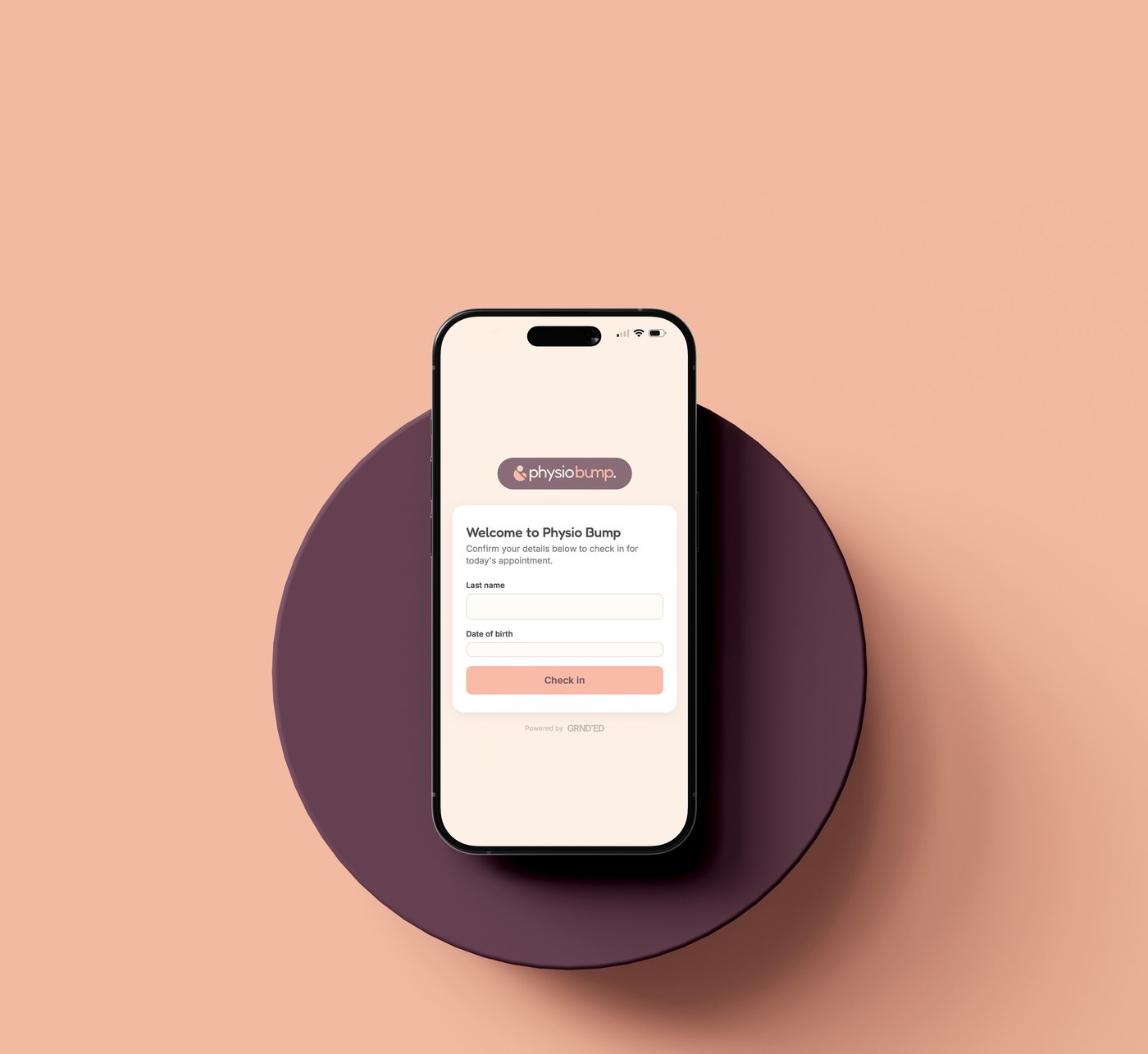 Physio Bump mobile check-in screen for in-clinic appointments